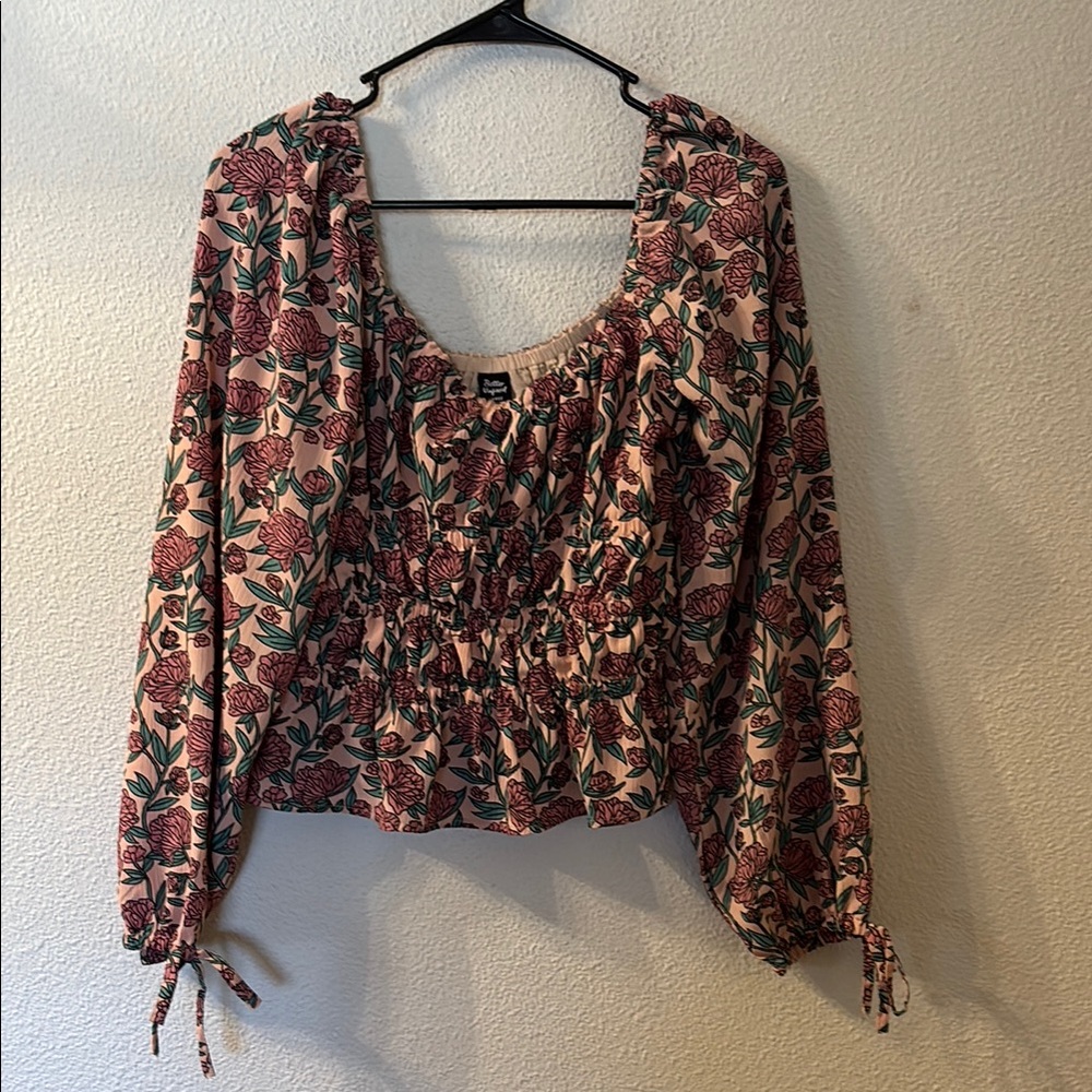 Better Unsaid Pink and Green Ruched Crop Blouse with Bishop Sleeves